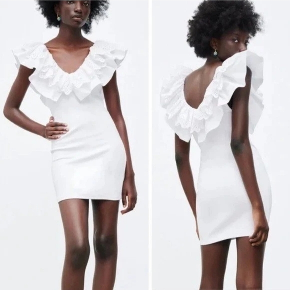 Zara White Eyelet Lace Ruffle Ribbed Mini Dress New Bodycon Size Medium Coquette - Picture 9 of 15